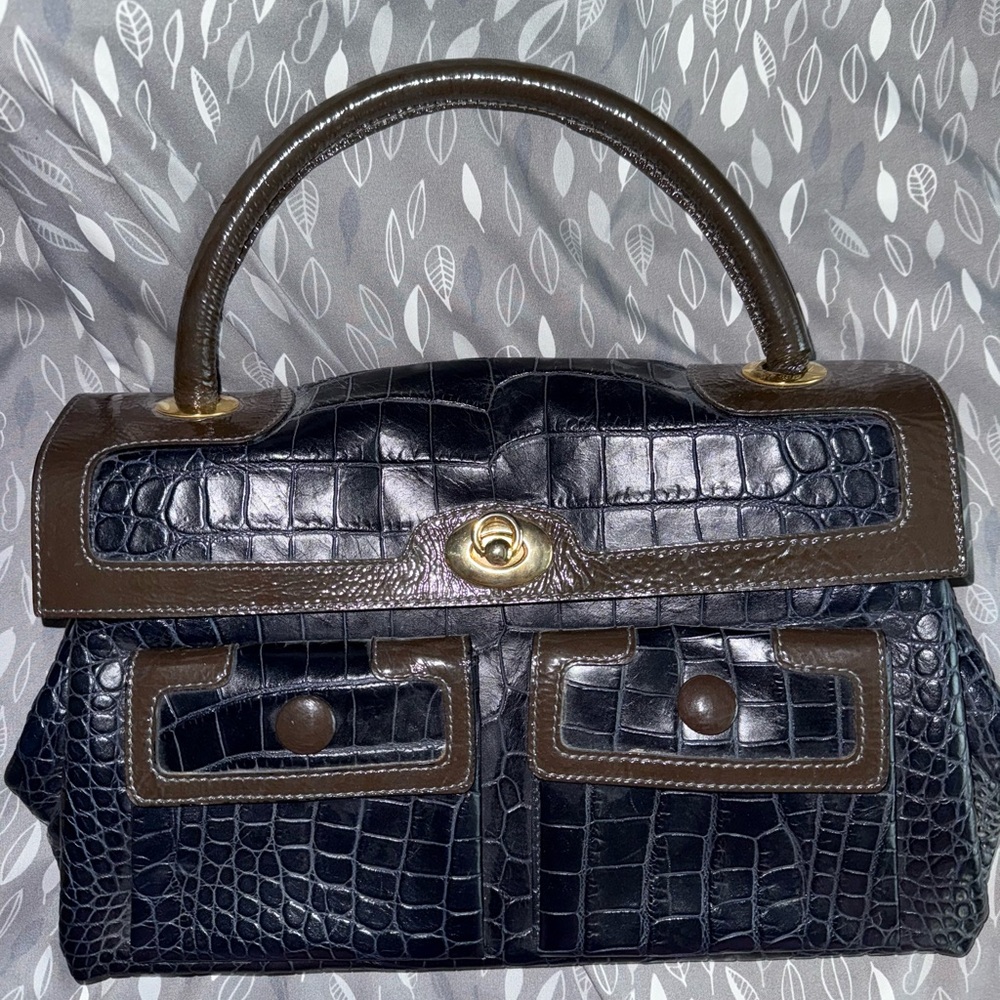 Elegant Goldenblue Black and Brown Crocodile Pattern Handbag